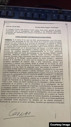 Foto de la petición fiscal en juicio militar contra manifestantes en el Consejo Popular Covadonga en el municipio Aguada de Pasajeros.