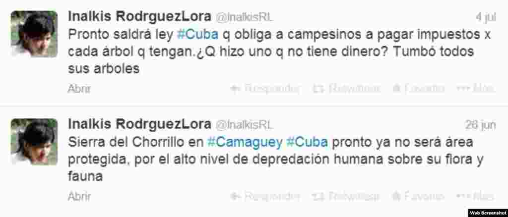 En el municipio Najasa, Camagüey una joven que abrió su cuenta de twitter en la segunda mitad del 2013 publica informaciones de índole ambientalista y critica la falta de leyes en la isla que protejan la flora y la fauna.