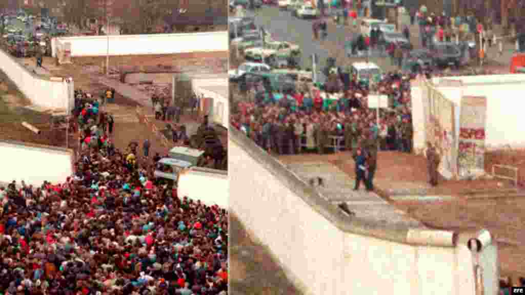 Cientos de ciudadanos berlineses cruzan la frontera hacia Alemania Occidental tras la caída del muro de la &quot;vergüenza&quot; que dividió Berlín y Alemania de 1961 a 1989. y la apertura de las fronteras que unen a Alemania. 