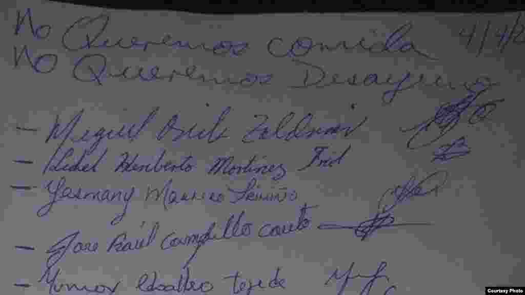 Nota que deja constancia de su rechazo a alimentarse.