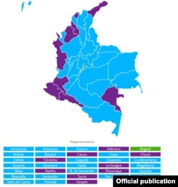 Ganadores de la primera vuelta electoral colombiana por departamentos: los ganados por Iván Duque, en azul; Gustavo Petro, violeta; Sergio Fajardo, verde